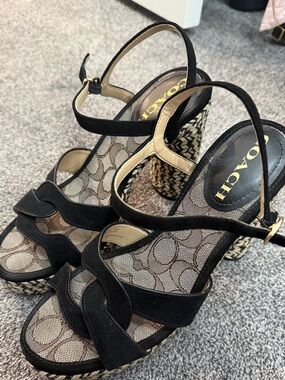 COACH Black Suede Logo Mesh Platform Sandals with Woven Heel